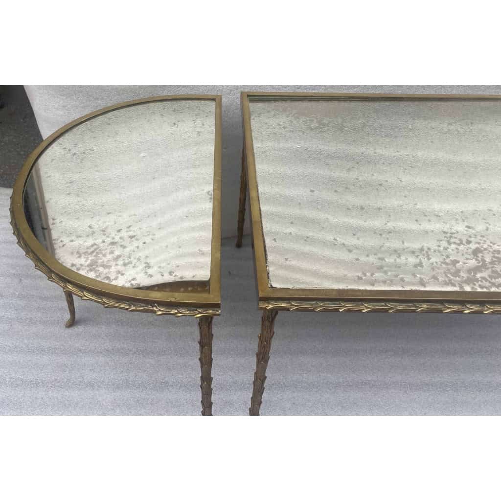 1970′ Table Tripartite Maison Charles Décor Palmier en Bronze Doré avec Plateaux Miroir 125 X 52 X H 42 cm 1970′ Table Tripartite Maison Charles Décor Palmier en Bronze Doré avec Plateaux Miroir 125 X 52 X H 42 cm