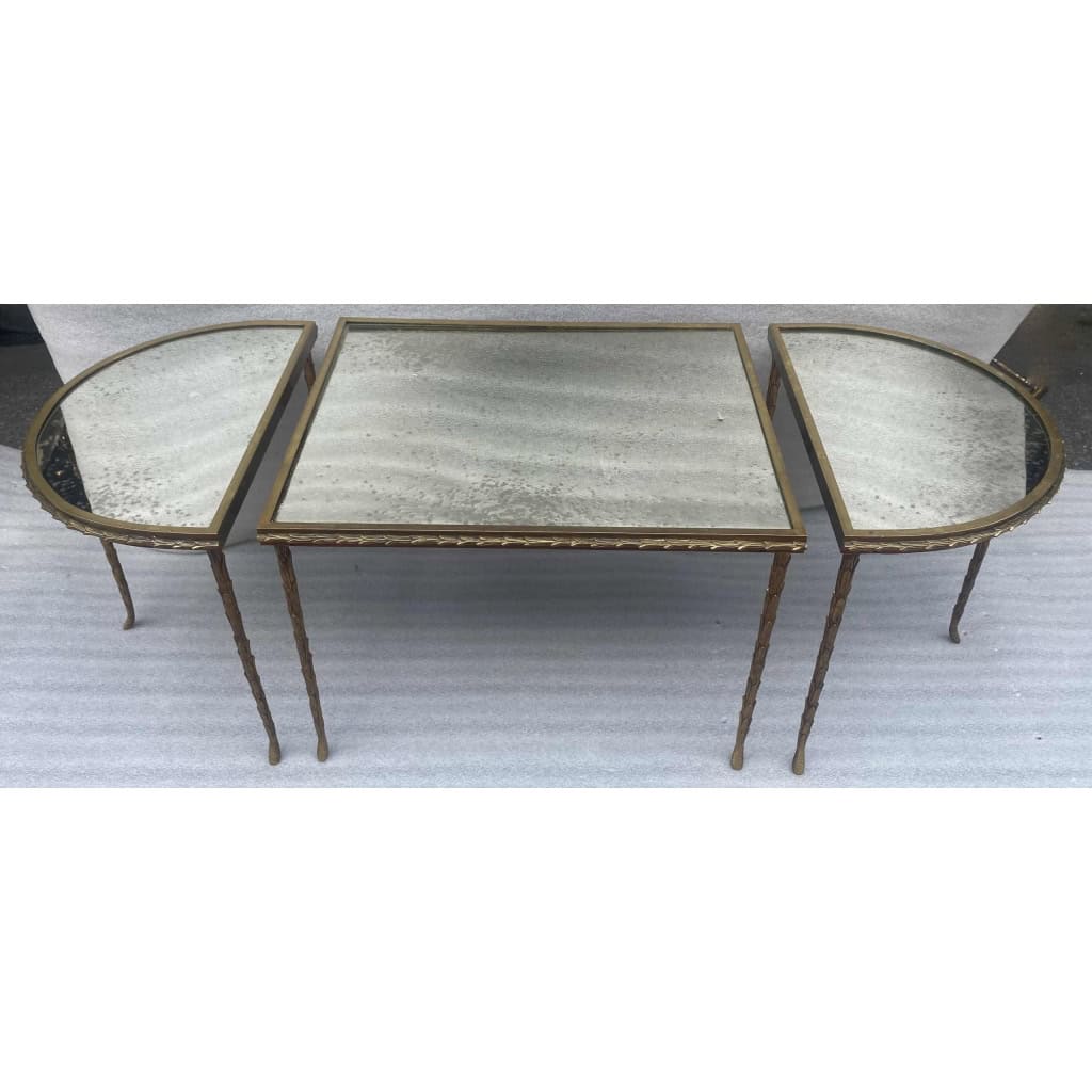 1970′ Table Tripartite Maison Charles Décor Palmier en Bronze Doré avec Plateaux Miroir 125 X 52 X H 42 cm 1970′ Table Tripartite Maison Charles Décor Palmier en Bronze Doré avec Plateaux Miroir 125 X 52 X H 42 cm