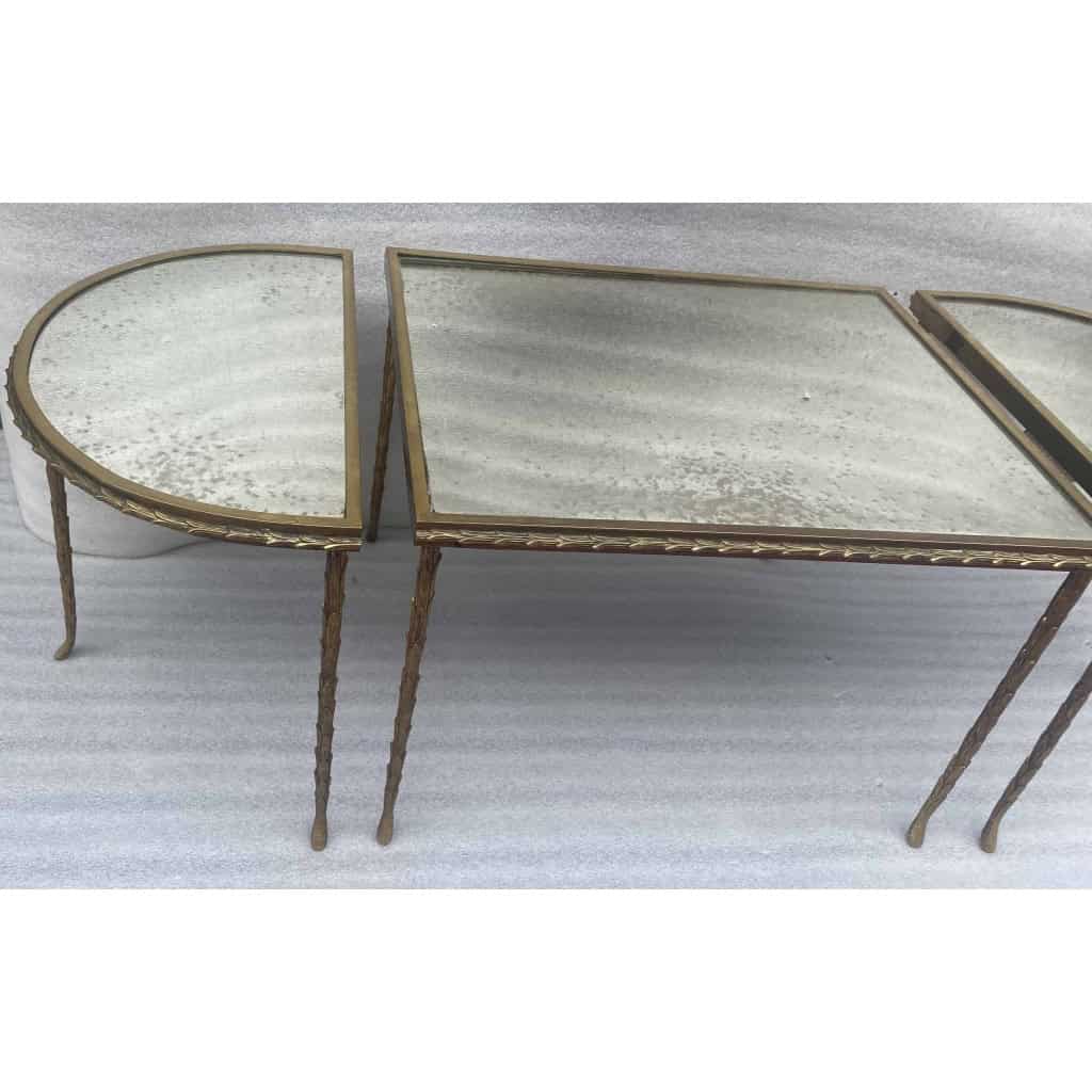 1970′ Table Tripartite Maison Charles Décor Palmier en Bronze Doré avec Plateaux Miroir 125 X 52 X H 42 cm 1970′ Table Tripartite Maison Charles Décor Palmier en Bronze Doré avec Plateaux Miroir 125 X 52 X H 42 cm