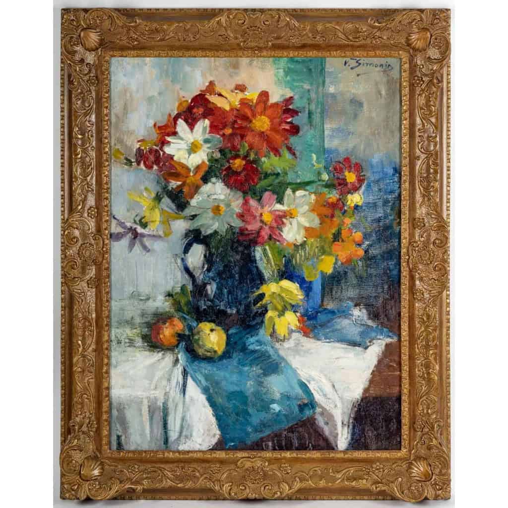 Bouquet De Fleurs et de fruits sur un entablement. Victor SIMONIN (1877-1946). |||||||||