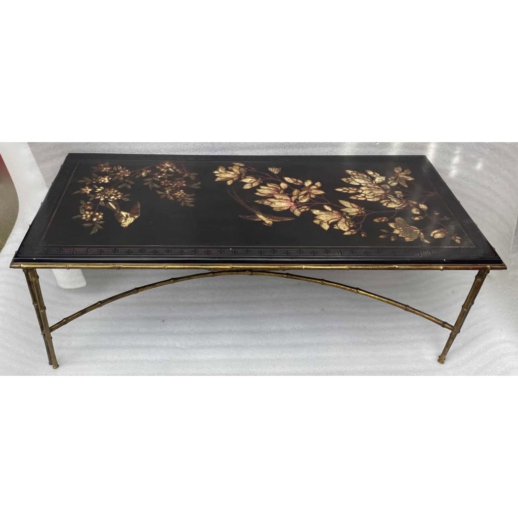 1970′ Table Basse Double Piétement Bronze Modèle Bambou Maison Baguès Laque De Chine 112 x 54 x H 38 cm ||||||||||||||||