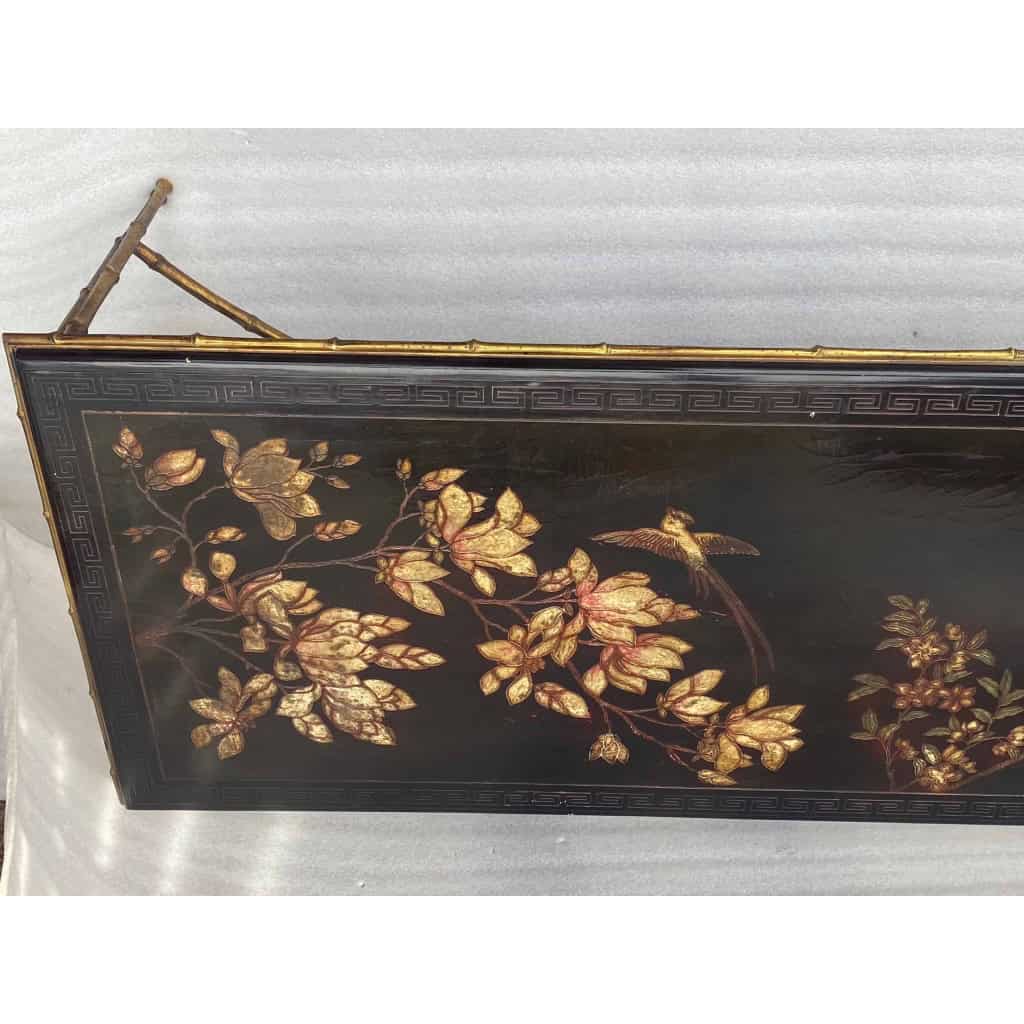 1970′ Table Basse Double Piétement Bronze Modèle Bambou Maison Baguès Laque De Chine 112 x 54 x H 38 cm 1970′ Table Basse Double Piétement Bronze Modèle Bambou Maison Baguès Laque De Chine 112 x 54 x H 38 cm