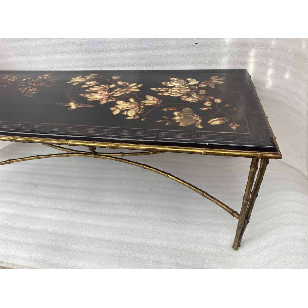 1970′ Table Basse Double Piétement Bronze Modèle Bambou Maison Baguès Laque De Chine 112 x 54 x H 38 cm 1970′ Table Basse Double Piétement Bronze Modèle Bambou Maison Baguès Laque De Chine 112 x 54 x H 38 cm