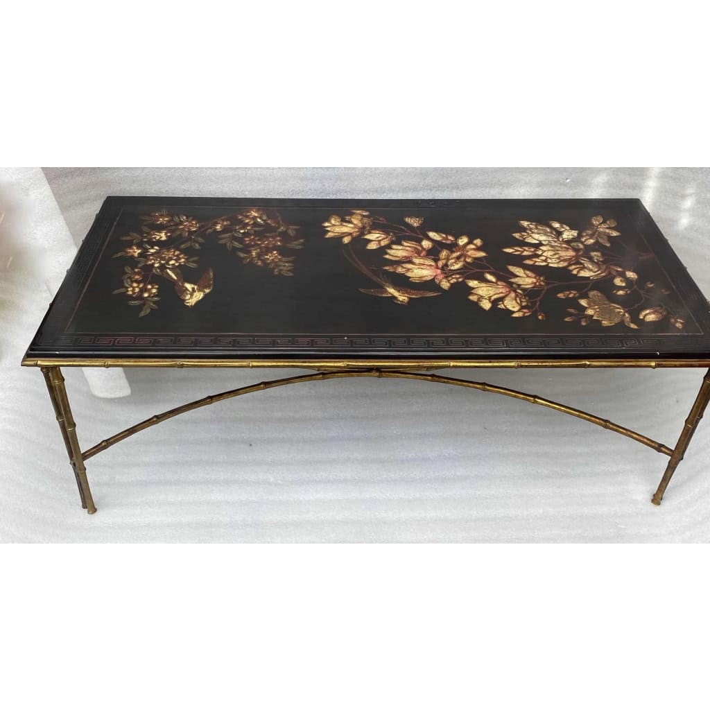 1970′ Table Basse Double Piétement Bronze Modèle Bambou Maison Baguès Laque De Chine 112 x 54 x H 38 cm 1970′ Table Basse Double Piétement Bronze Modèle Bambou Maison Baguès Laque De Chine 112 x 54 x H 38 cm