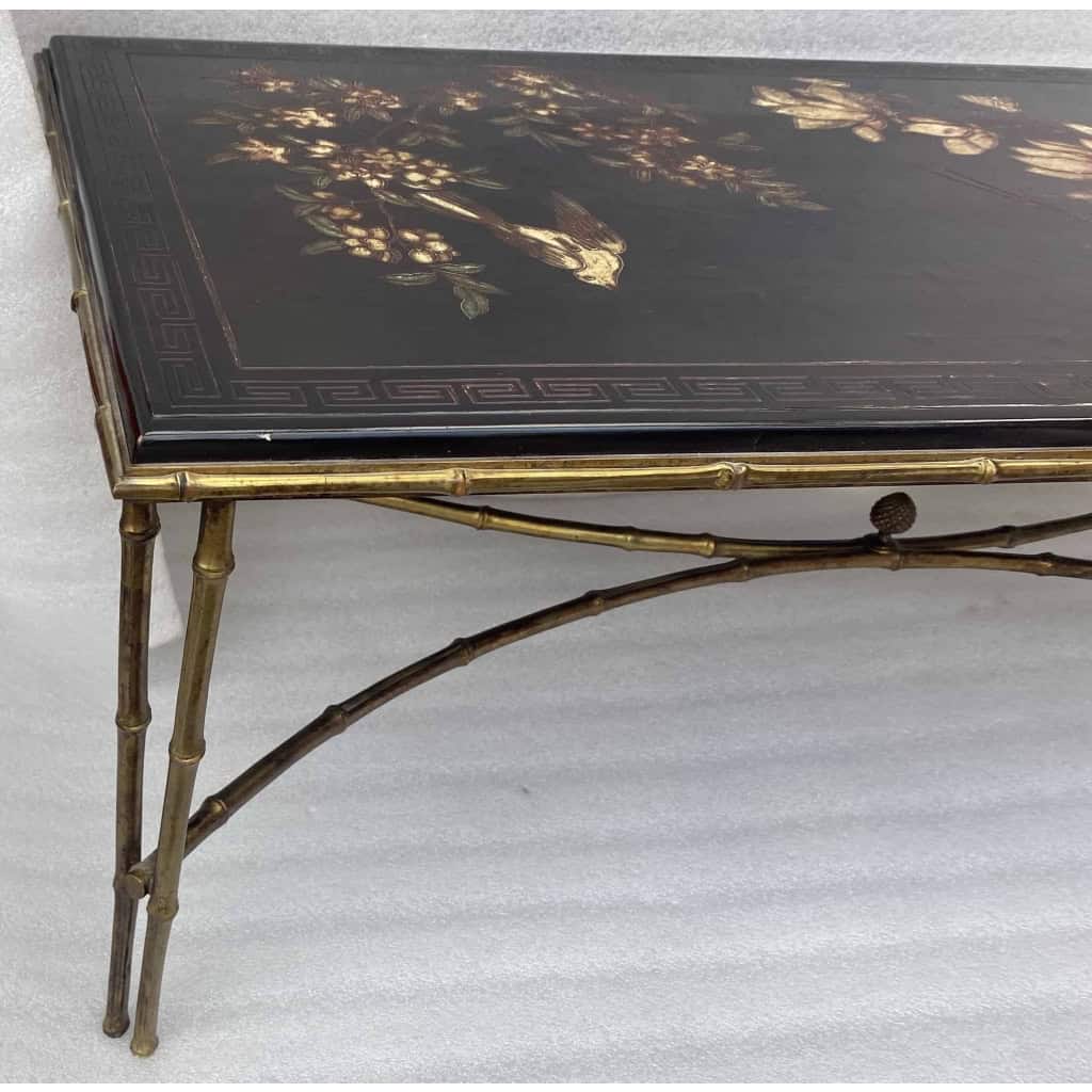 1970′ Table Basse Double Piétement Bronze Modèle Bambou Maison Baguès Laque De Chine 112 x 54 x H 38 cm 1970′ Table Basse Double Piétement Bronze Modèle Bambou Maison Baguès Laque De Chine 112 x 54 x H 38 cm