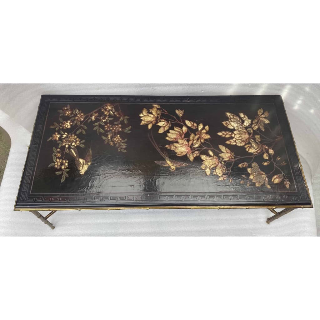 1970′ Table Basse Double Piétement Bronze Modèle Bambou Maison Baguès Laque De Chine 112 x 54 x H 38 cm 1970′ Table Basse Double Piétement Bronze Modèle Bambou Maison Baguès Laque De Chine 112 x 54 x H 38 cm