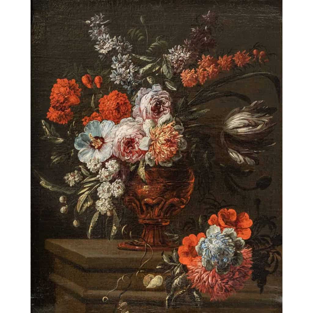 Vase de fleurs sur un entablement. École Italienne Du XVIII Siècle. Vase de fleurs sur un entablement. École Italienne Du XVIII Siècle.