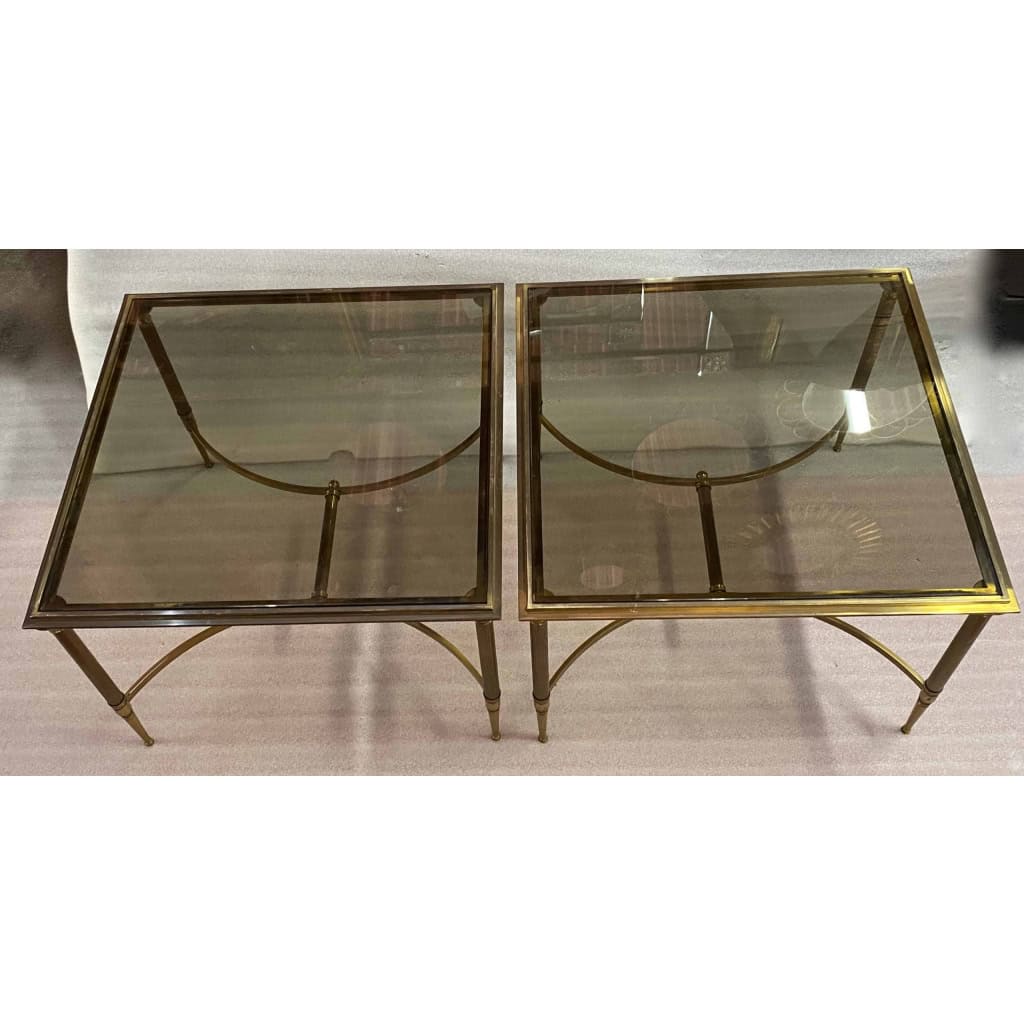 1950/70′ Paire de Bouts de Canapés Bronze , Plateau Verre Fumé Maison Charles 65 X 65 cm ||||||||||||||||||