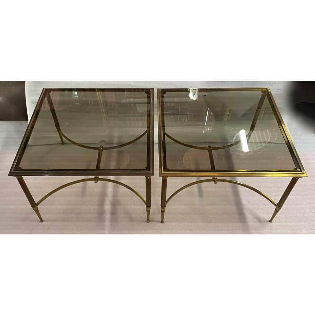 1950/70′ Paire de Bouts de Canapés Bronze , Plateau Verre Fumé Maison Charles 65 X 65 cm 1950/70′ Paire de Bouts de Canapés Bronze , Plateau Verre Fumé Maison Charles 65 X 65 cm