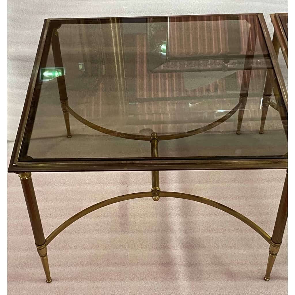 1950/70′ Paire de Bouts de Canapés Bronze , Plateau Verre Fumé Maison Charles 65 X 65 cm 1950/70′ Paire de Bouts de Canapés Bronze , Plateau Verre Fumé Maison Charles 65 X 65 cm