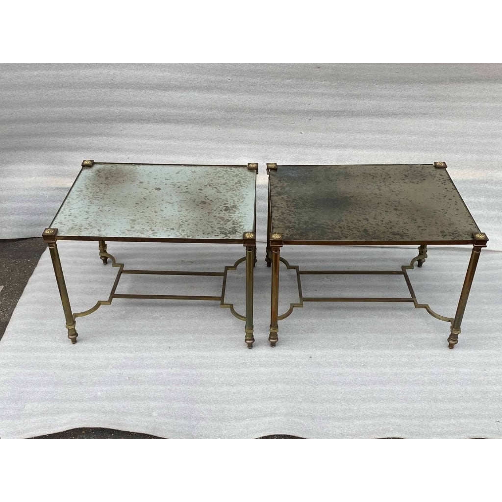 1950/70′ Paire de Bouts De Canapés Maison Jansen Plateaux Miroirs oxydés Vieillis 59,5 X 46 X H 43,5 cm ||||||||||||||||