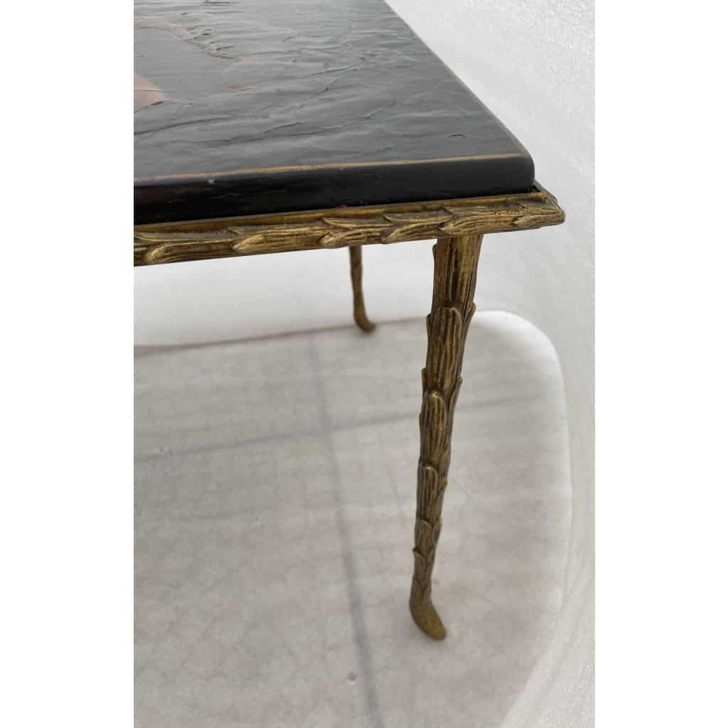 1970′ Table Basse Bronze Doré Style Baguès Decor Palmier Laque de Chine 107,5 x 47 x Hauteur 41,5 cm 1970′ Table Basse Bronze Doré Style Baguès Decor Palmier Laque de Chine 107,5 x 47 x Hauteur 41,5 cm