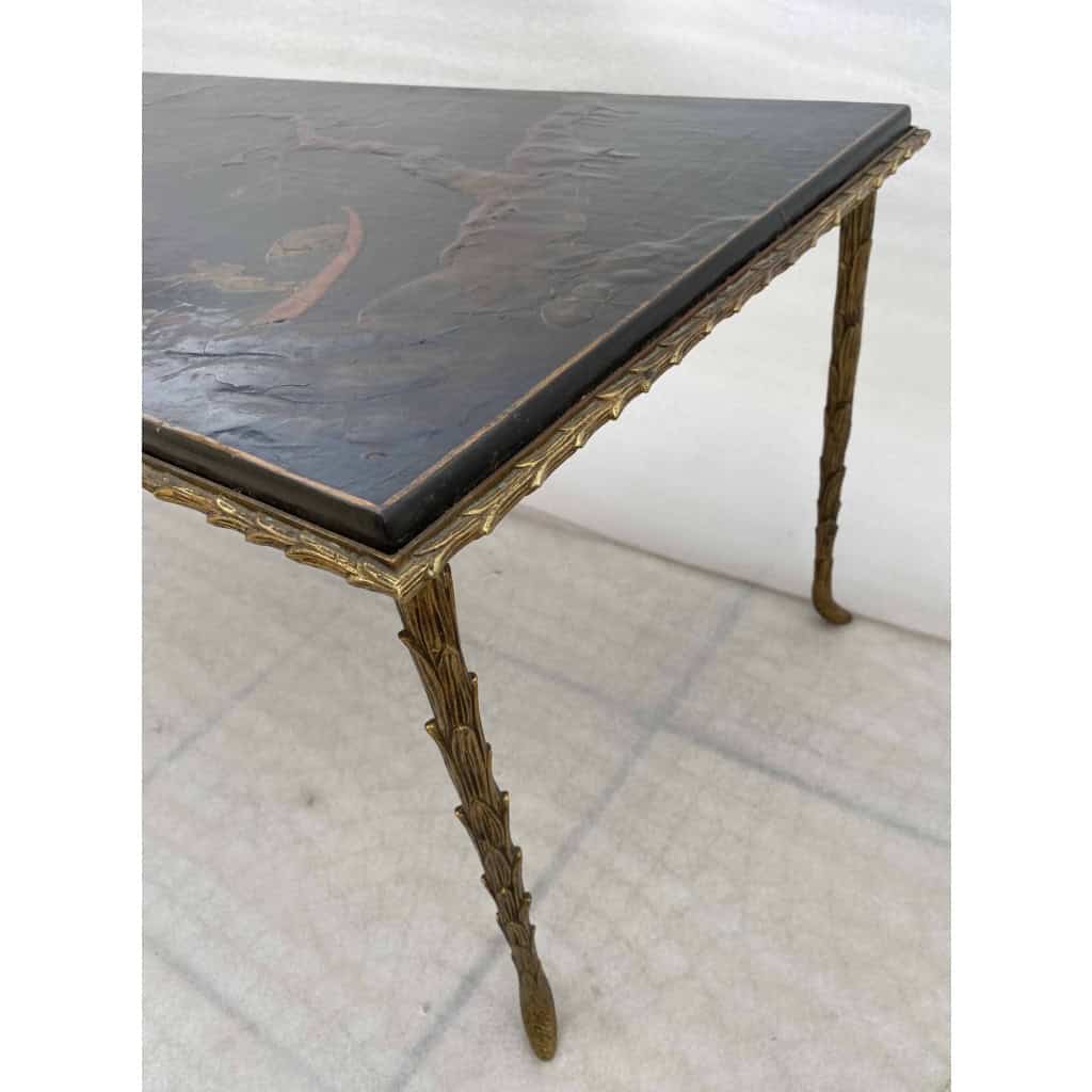 1970′ Table Basse Bronze Doré Style Baguès Decor Palmier Laque de Chine 107,5 x 47 x Hauteur 41,5 cm 1970′ Table Basse Bronze Doré Style Baguès Decor Palmier Laque de Chine 107,5 x 47 x Hauteur 41,5 cm