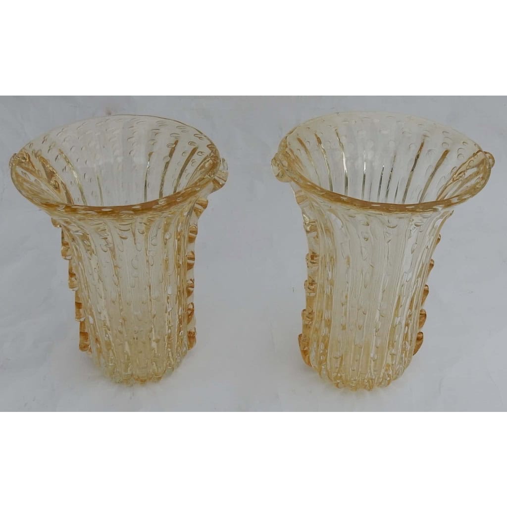 1970′ Paire de Vases Ou Similaires Cristal Murano Avec Paillons D’ Or Signés Murano Toso H 36 cm 1970′ Paire de Vases Ou Similaires Cristal Murano Avec Paillons D’ Or Signés Murano Toso H 36 cm