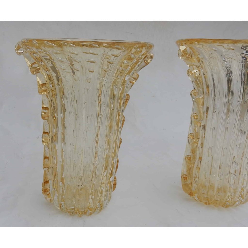 1970′ Paire de Vases Ou Similaires Cristal Murano Avec Paillons D’ Or Signés Murano Toso H 36 cm 1970′ Paire de Vases Ou Similaires Cristal Murano Avec Paillons D’ Or Signés Murano Toso H 36 cm