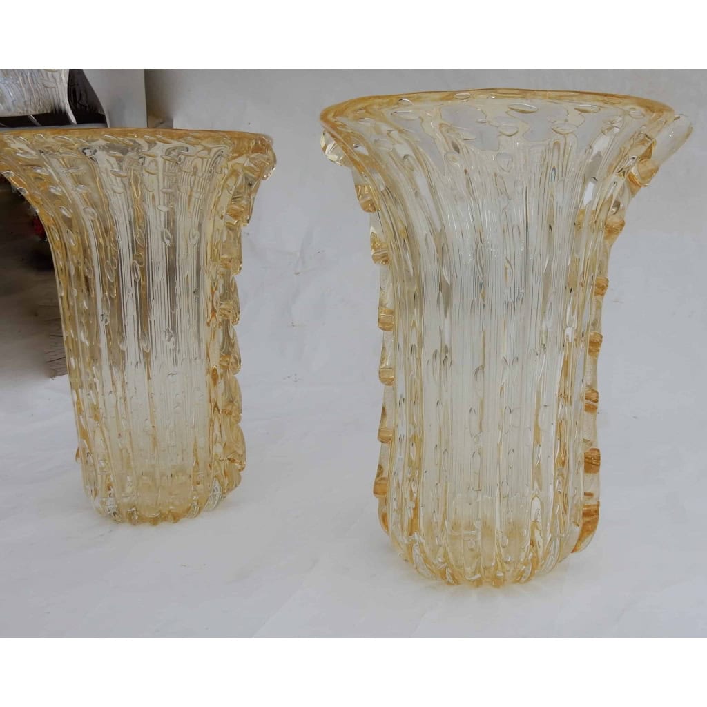 1970′ Paire de Vases Ou Similaires Cristal Murano Avec Paillons D’ Or Signés Murano Toso H 36 cm 1970′ Paire de Vases Ou Similaires Cristal Murano Avec Paillons D’ Or Signés Murano Toso H 36 cm