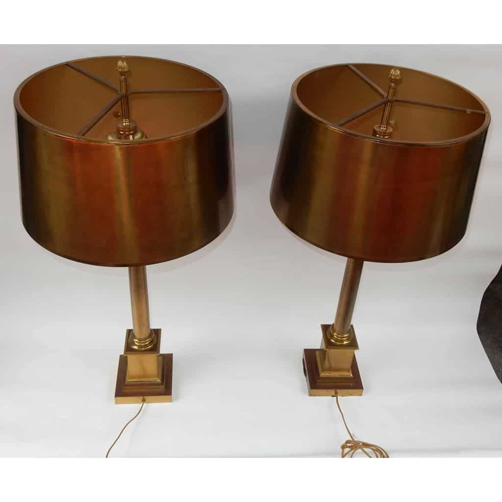 1950/70 Paire de Lampes Aux Colonnes Coryntiennes en Laiton et Bronze Signées Charles 1950/70 Paire de Lampes Aux Colonnes Coryntiennes en Laiton et Bronze Signées Charles