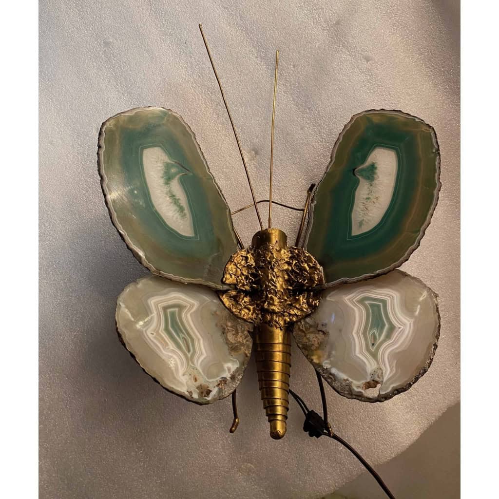 1970’Applique Papillon en Bronze ou Laiton, Duval Brasseur Ou Isabelle Faure, 1 Ampoule, Ailes d’Agate : 30 X Hauteur 38 |||||||||||||