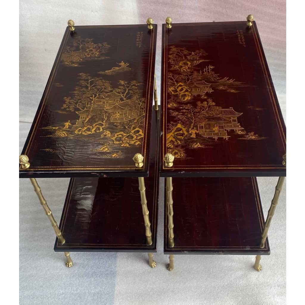 1950′ Paire de Tables Maison Baguès Décor Bambou en Bronze Doré Avec Plateaux Laque de Chine |||||||||||||