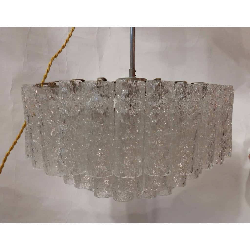 1970′ Lustre Doria 3 Niveaux 60 Cristaux En Verre Soufflé Design Venini Murano |||||||||||