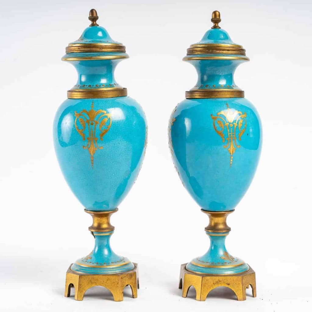 Paire de petits vases couverts en porcelaine de Sèvres et bronze doré, XIXème siècle Paire de petits vases couverts en porcelaine de Sèvres et bronze doré, XIXème siècle