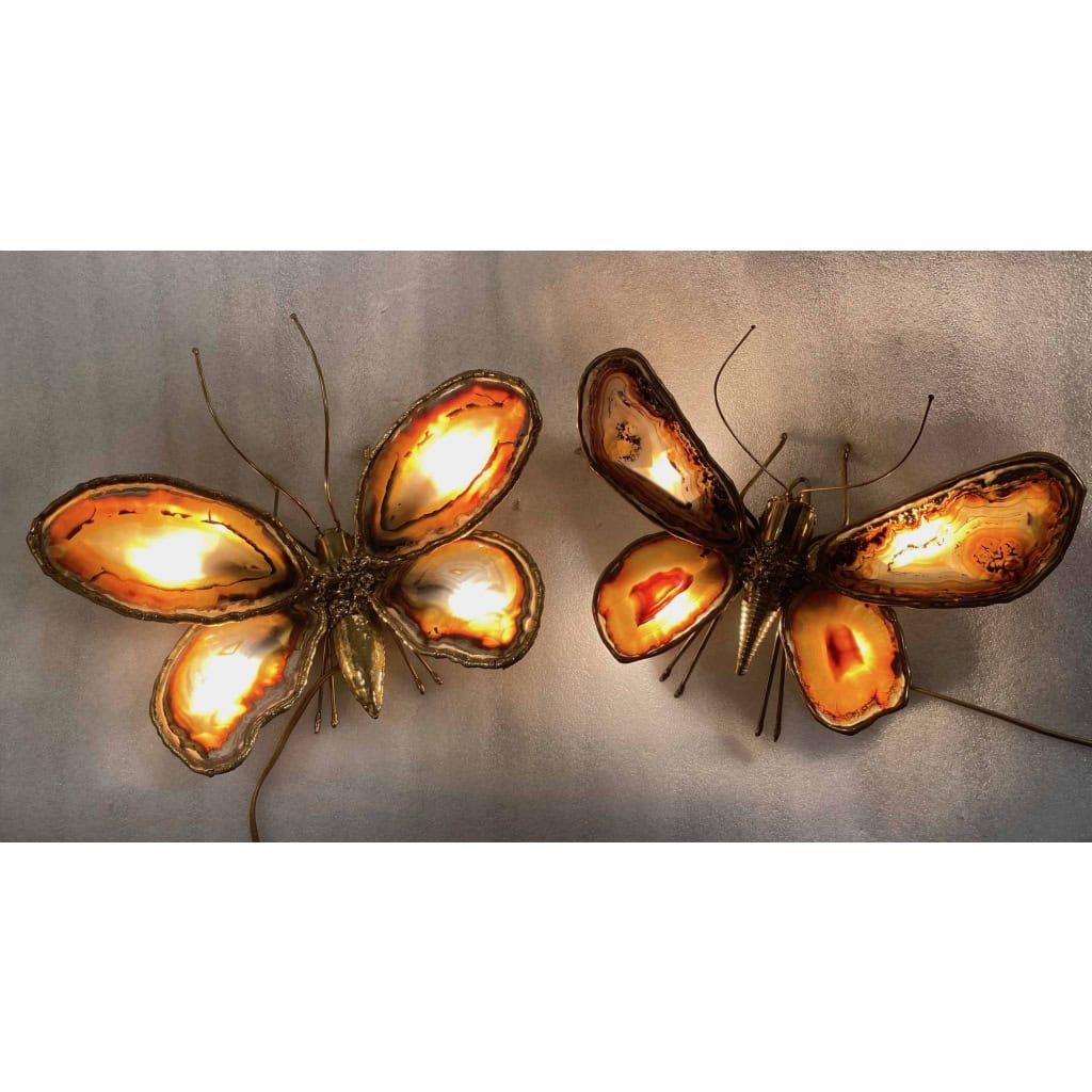 1970’Couple D’Appliques Papillon en Bronze ou Laiton, Duval Brasseur Ou Isabelle Faure, 4 Ampoules, Ailes d’Agate ||||||||||