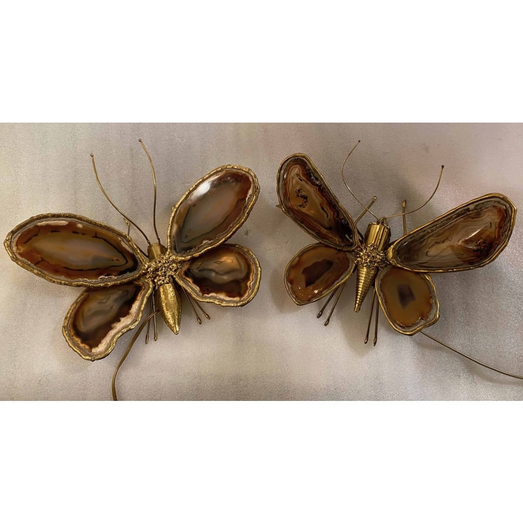 1970’Couple D’Appliques Papillon en Bronze ou Laiton, Duval Brasseur Ou Isabelle Faure, 4 Ampoules, Ailes d’Agate 1970’Couple D’Appliques Papillon en Bronze ou Laiton, Duval Brasseur Ou Isabelle Faure, 4 Ampoules, Ailes d’Agate