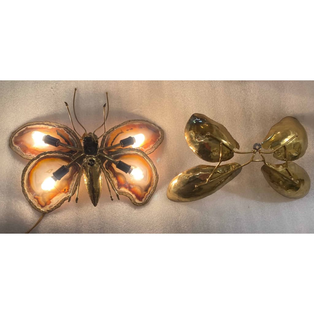 1970’Couple D’Appliques Papillon en Bronze ou Laiton, Duval Brasseur Ou Isabelle Faure, 4 Ampoules, Ailes d’Agate 1970’Couple D’Appliques Papillon en Bronze ou Laiton, Duval Brasseur Ou Isabelle Faure, 4 Ampoules, Ailes d’Agate