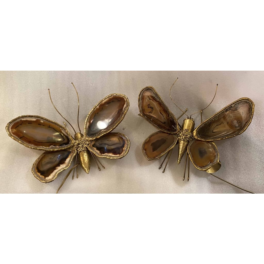 1970’Couple D’Appliques Papillon en Bronze ou Laiton, Duval Brasseur Ou Isabelle Faure, 4 Ampoules, Ailes d’Agate 1970’Couple D’Appliques Papillon en Bronze ou Laiton, Duval Brasseur Ou Isabelle Faure, 4 Ampoules, Ailes d’Agate