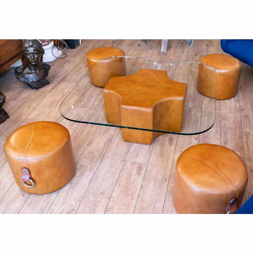 Table basse avec ses 4 poufs intégrés, 1980 Table basse avec ses 4 poufs intégrés, 1980