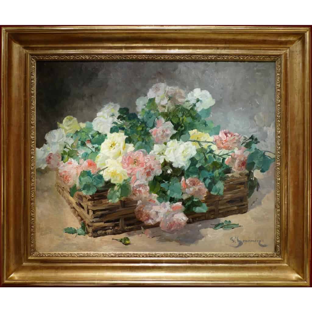 Jeannin Georges Peinture Française 19è Siècle Panier De Roses Huile Sur Toile Signée ||||||||||