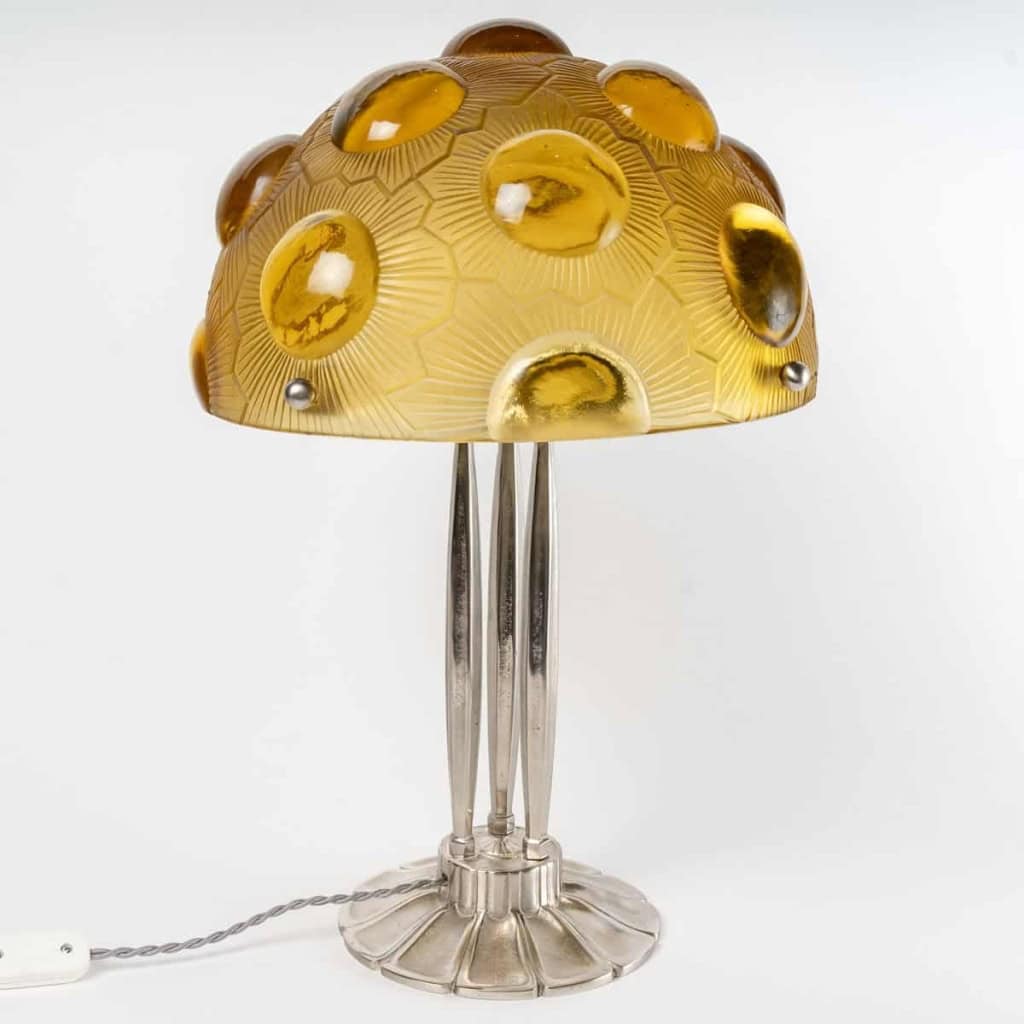 Lampe "Soleil" verre jaune - pied bronze nickelé de René LALIQUE |||||||