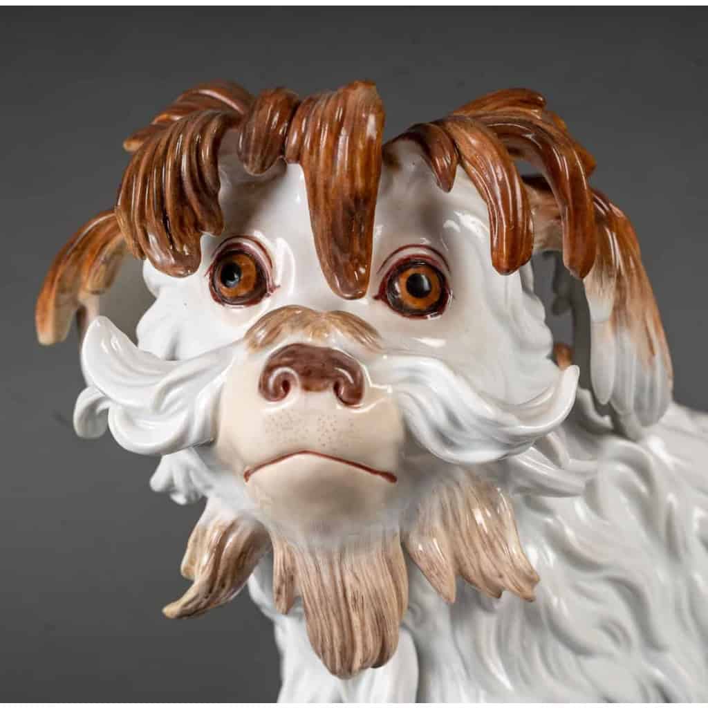 Bologneser Hund ou Chien de Bologne en porcelaine de saxe, manufacture de Meissen, XIXe siècle. Bologneser Hund ou Chien de Bologne en porcelaine de saxe, manufacture de Meissen, XIXe siècle.