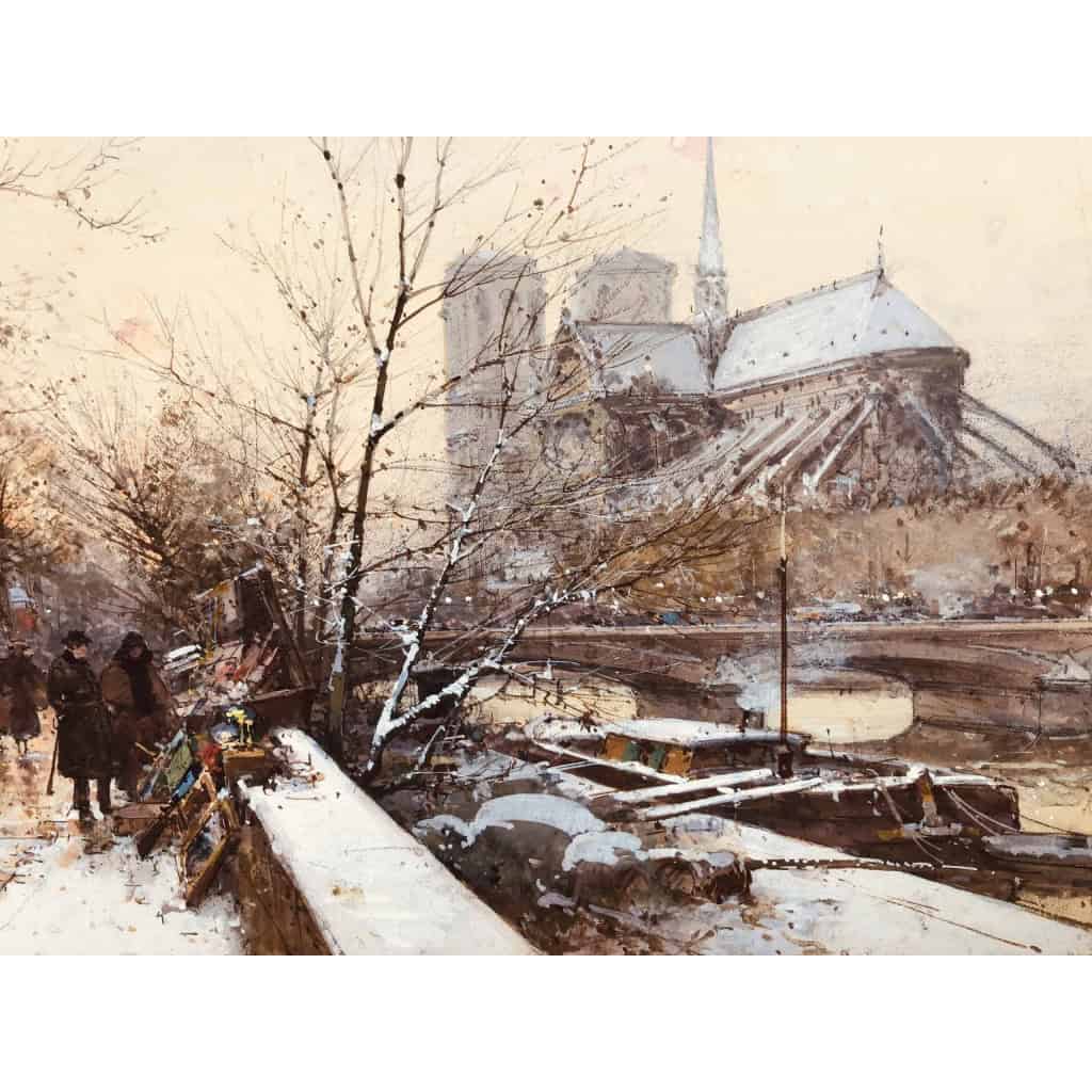 Galien Laloue Eugène Tableau 20ème Siècle Paris Bouquinistes Devant Notre Dame Gouache Signée Certificat Galien Laloue Eugène Tableau 20ème Siècle Paris Bouquinistes Devant Notre Dame Gouache Signée Certificat