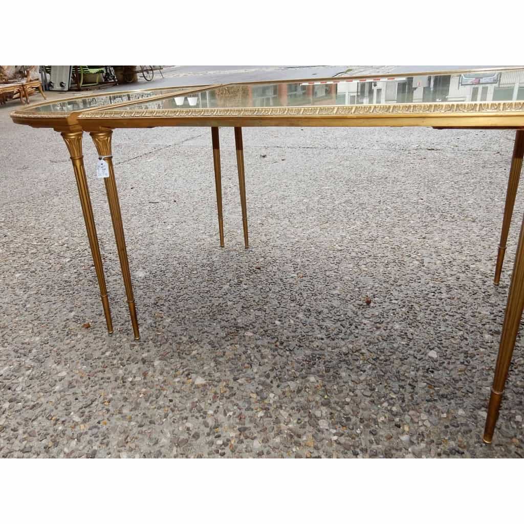 1970′ Table Tripartite Maison Charles, Jansen Ou Baguès Décor Palmier en Bronze Doré avec Plateaux Miroirs Vieillis 1970′ Table Tripartite Maison Charles, Jansen Ou Baguès Décor Palmier en Bronze Doré avec Plateaux Miroirs Vieillis