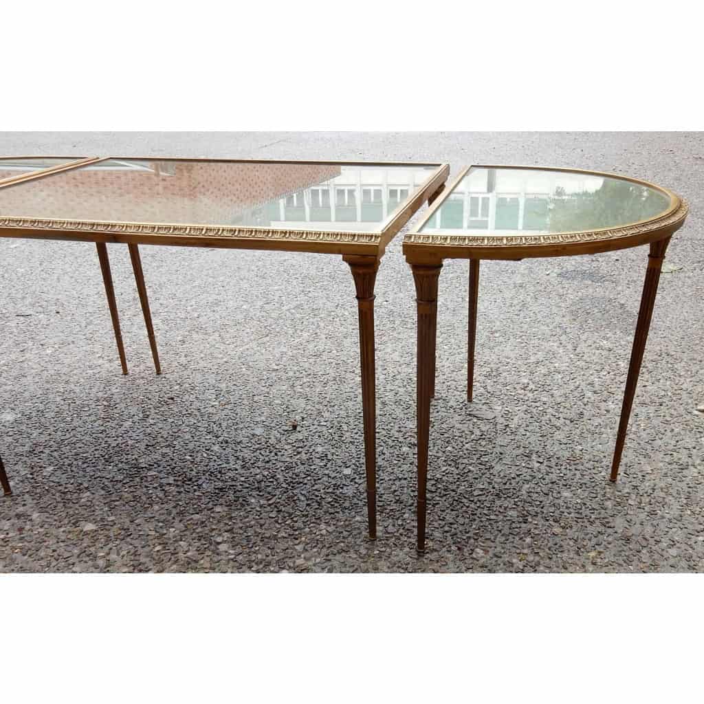 1970′ Table Tripartite Maison Charles, Jansen Ou Baguès Décor Palmier en Bronze Doré avec Plateaux Miroirs Vieillis 1970′ Table Tripartite Maison Charles, Jansen Ou Baguès Décor Palmier en Bronze Doré avec Plateaux Miroirs Vieillis