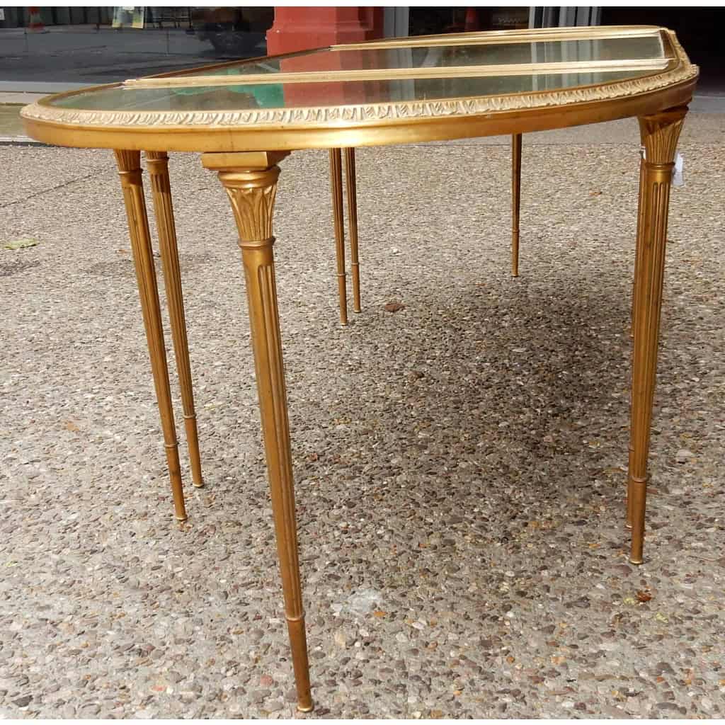 1970′ Table Tripartite Maison Charles, Jansen Ou Baguès Décor Palmier en Bronze Doré avec Plateaux Miroirs Vieillis 1970′ Table Tripartite Maison Charles, Jansen Ou Baguès Décor Palmier en Bronze Doré avec Plateaux Miroirs Vieillis