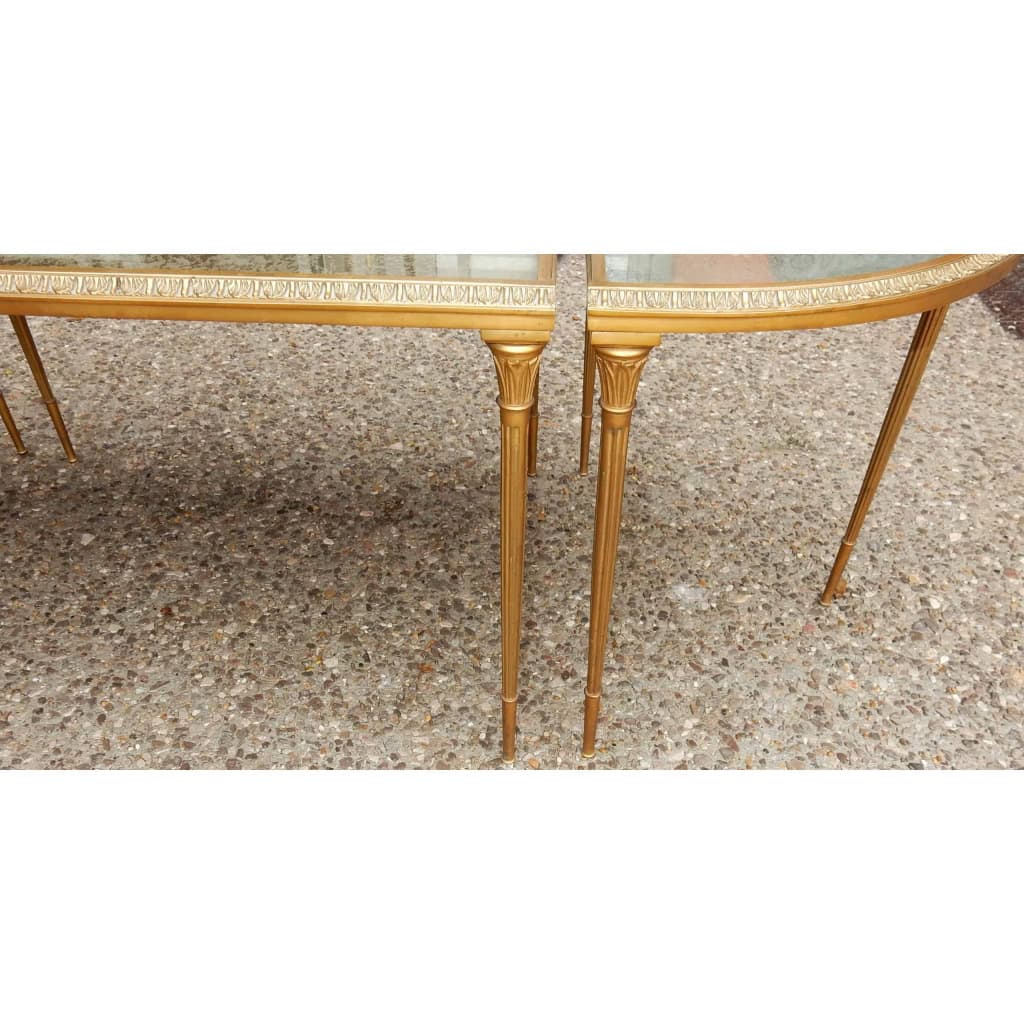 1970′ Table Tripartite Maison Charles, Jansen Ou Baguès Décor Palmier en Bronze Doré avec Plateaux Miroirs Vieillis 1970′ Table Tripartite Maison Charles, Jansen Ou Baguès Décor Palmier en Bronze Doré avec Plateaux Miroirs Vieillis