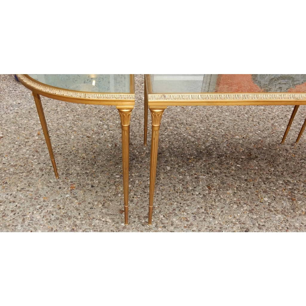 1970′ Table Tripartite Maison Charles, Jansen Ou Baguès Décor Palmier en Bronze Doré avec Plateaux Miroirs Vieillis 1970′ Table Tripartite Maison Charles, Jansen Ou Baguès Décor Palmier en Bronze Doré avec Plateaux Miroirs Vieillis