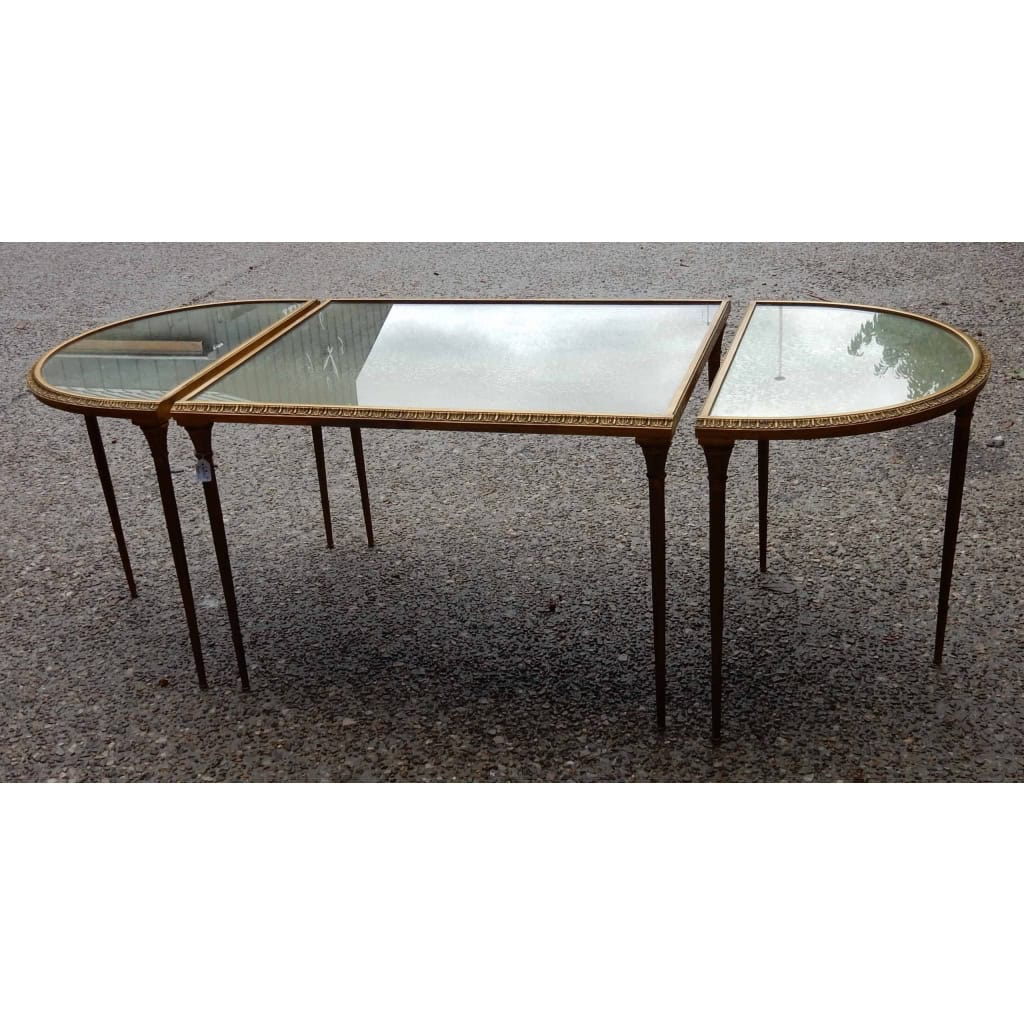 1970′ Table Tripartite Maison Charles, Jansen Ou Baguès Décor Palmier en Bronze Doré avec Plateaux Miroirs Vieillis 1970′ Table Tripartite Maison Charles, Jansen Ou Baguès Décor Palmier en Bronze Doré avec Plateaux Miroirs Vieillis