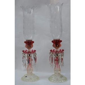 1950/70 Paire de Bougeoirs En Cristal Opalescent Et Rouge Photophores Baccarat Signés ||||||||||