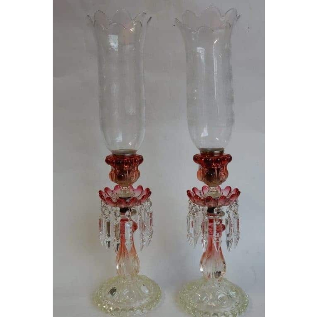 1950/70 Paire de Bougeoirs En Cristal Opalescent Et Rouge Photophores Baccarat Signés 1950/70 Paire de Bougeoirs En Cristal Opalescent Et Rouge Photophores Baccarat Signés