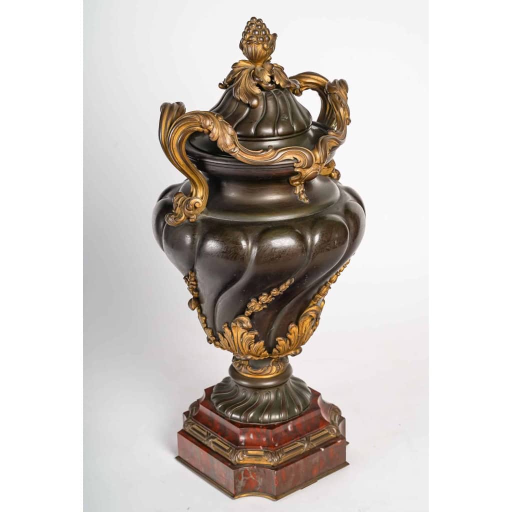 Urne en bronze à double patine sur socle en marbre rouge griotte, style Louis XV, XIXème siècle Urne en bronze à double patine sur socle en marbre rouge griotte, style Louis XV, XIXème siècle