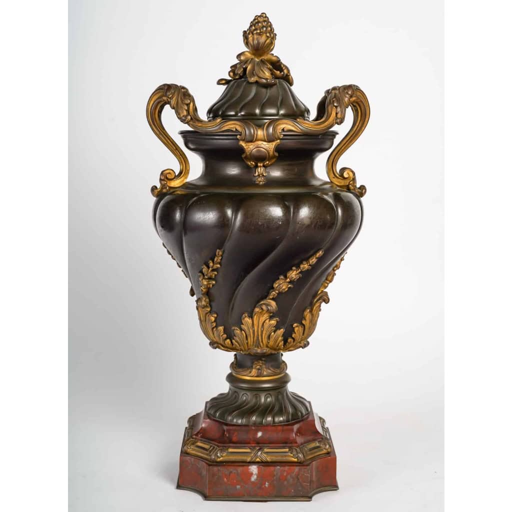 Urne en bronze à double patine sur socle en marbre rouge griotte, style Louis XV, XIXème siècle Urne en bronze à double patine sur socle en marbre rouge griotte, style Louis XV, XIXème siècle