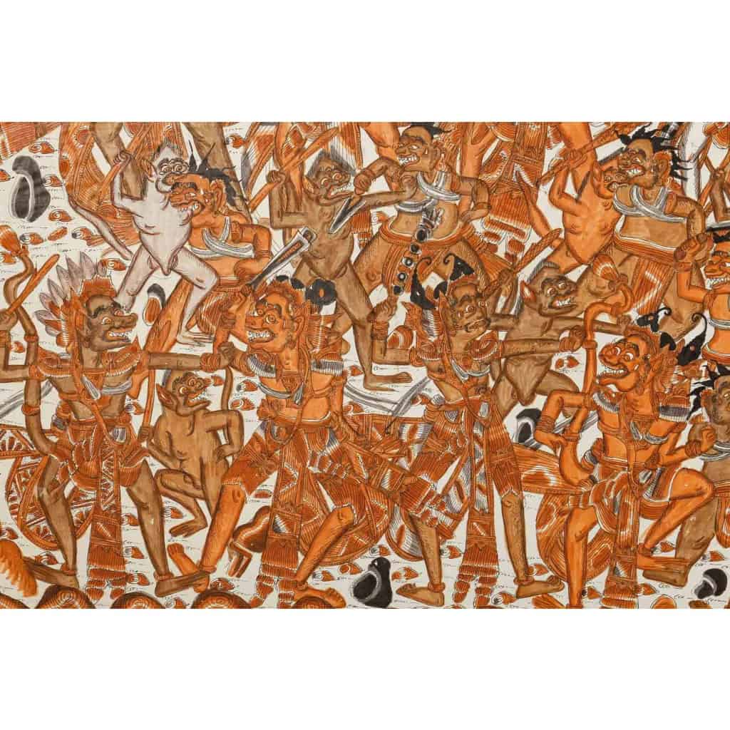 Peinture Thaïlandaise Représentant la Guerre entre le Paradis et l’Enfer, Vers 1960 Peinture Thaïlandaise Représentant la Guerre entre le Paradis et l’Enfer, Vers 1960