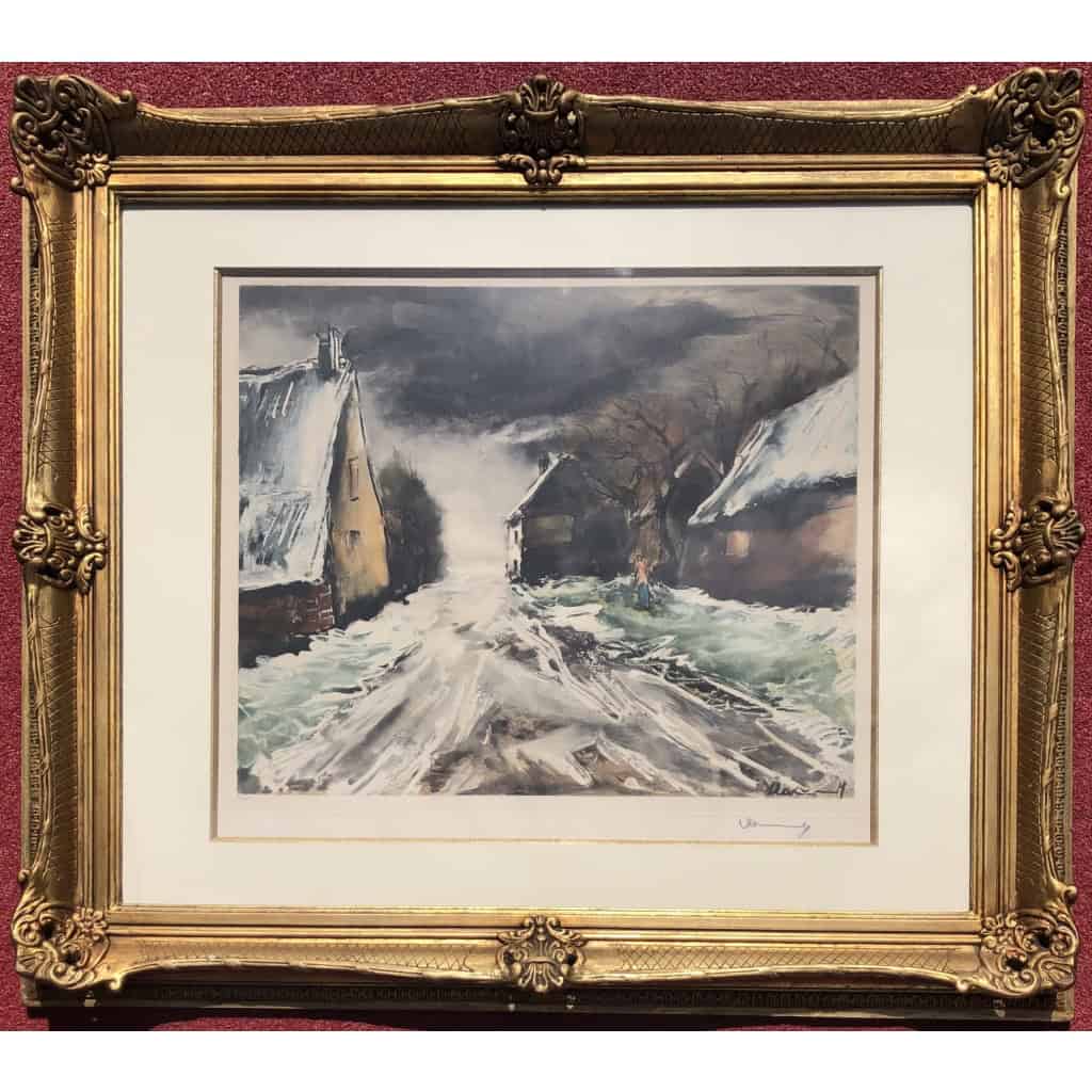 VLAMINCK Maurice de Rue de village enneigée Estampe originale signée et numérotée. |||||||