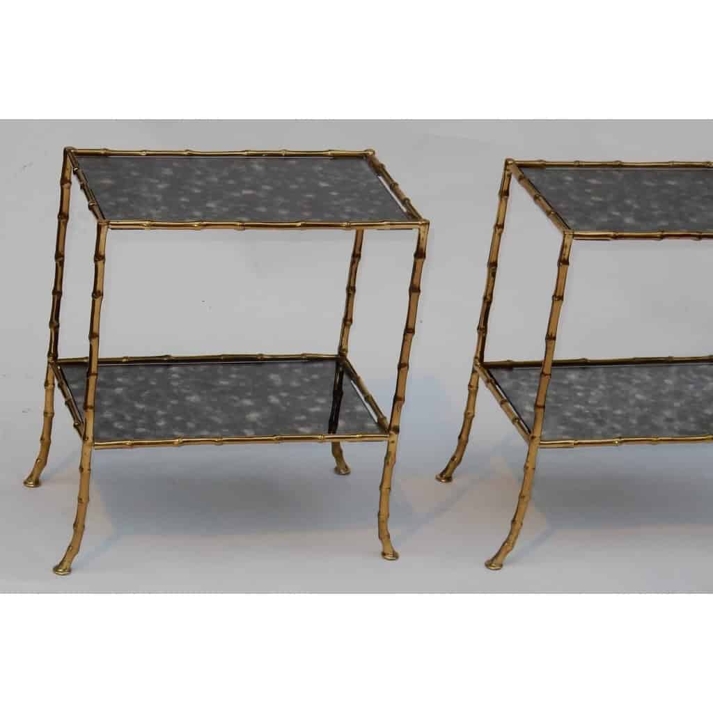 1950/70′ Paire de Tables en Bronze Doré à 2 Niveaux Maison Baguès Plateaux Miroirs Vieillis Oxydés 1950/70′ Paire de Tables en Bronze Doré à 2 Niveaux Maison Baguès Plateaux Miroirs Vieillis Oxydés