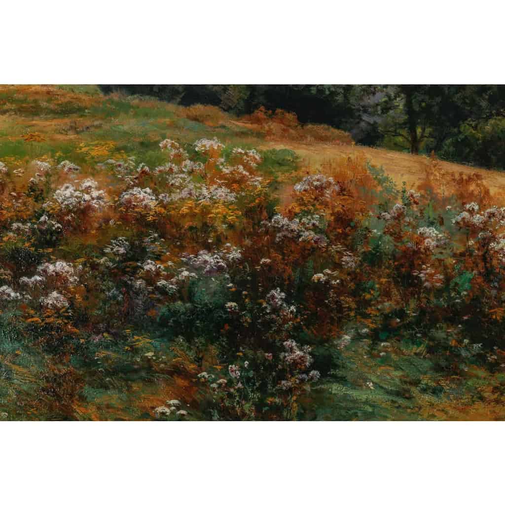 Huile sur toile, Paysage de verdure et fleurs, signeé et datée, Maurice Lessertieux, 1898 Huile sur toile, Paysage de verdure et fleurs, signeé et datée, Maurice Lessertieux, 1898