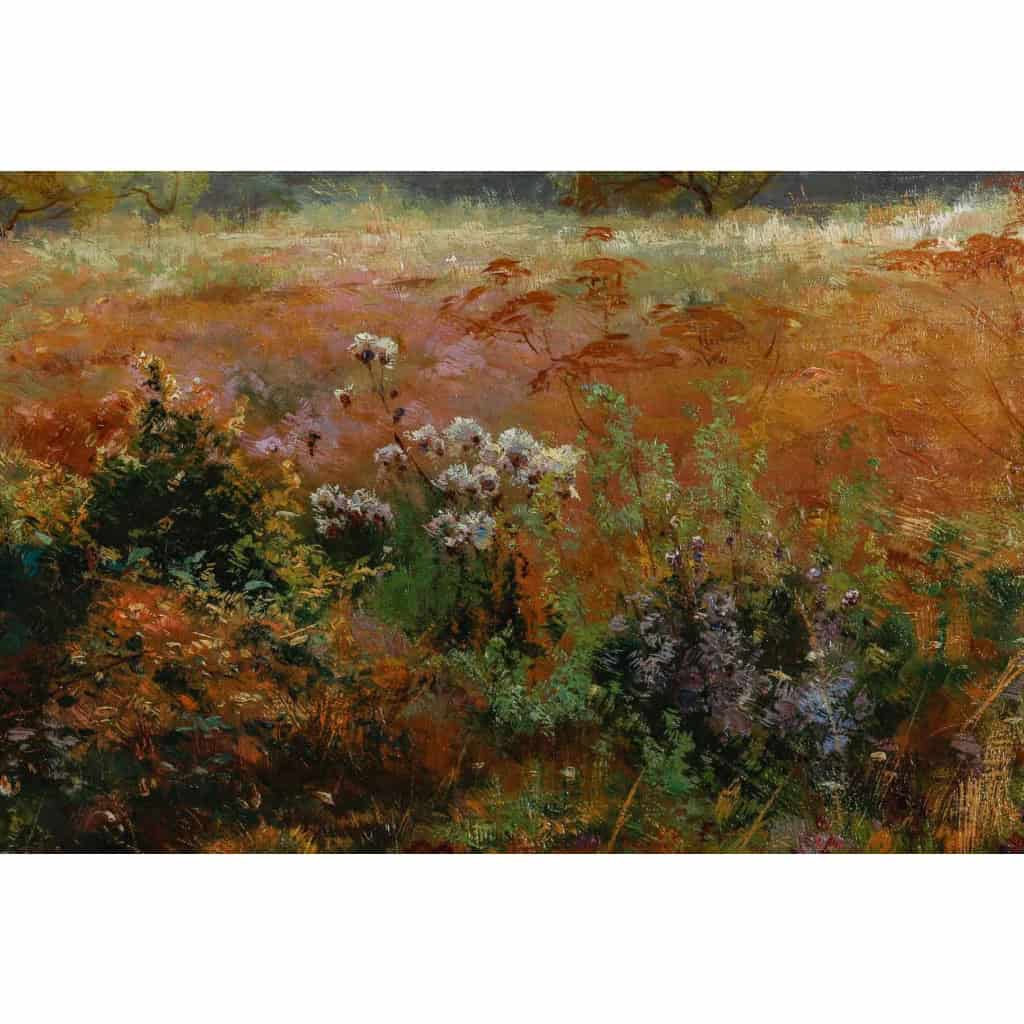 Huile sur toile, Paysage de verdure et fleurs, signeé et datée, Maurice Lessertieux, 1898 Huile sur toile, Paysage de verdure et fleurs, signeé et datée, Maurice Lessertieux, 1898