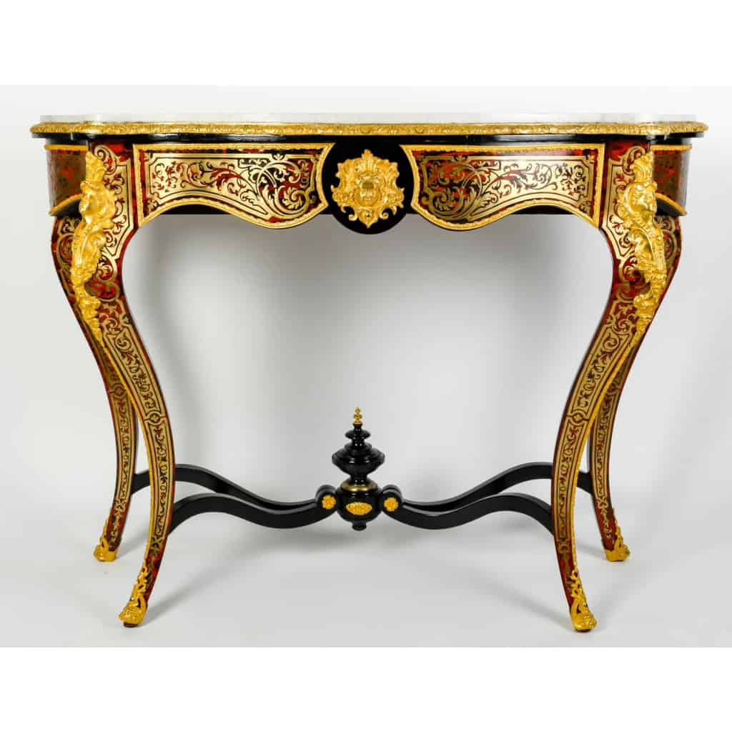 Importante Console en marqueterie dite Boulle et dessus en marbre blanc de Carrare ||||||||||||